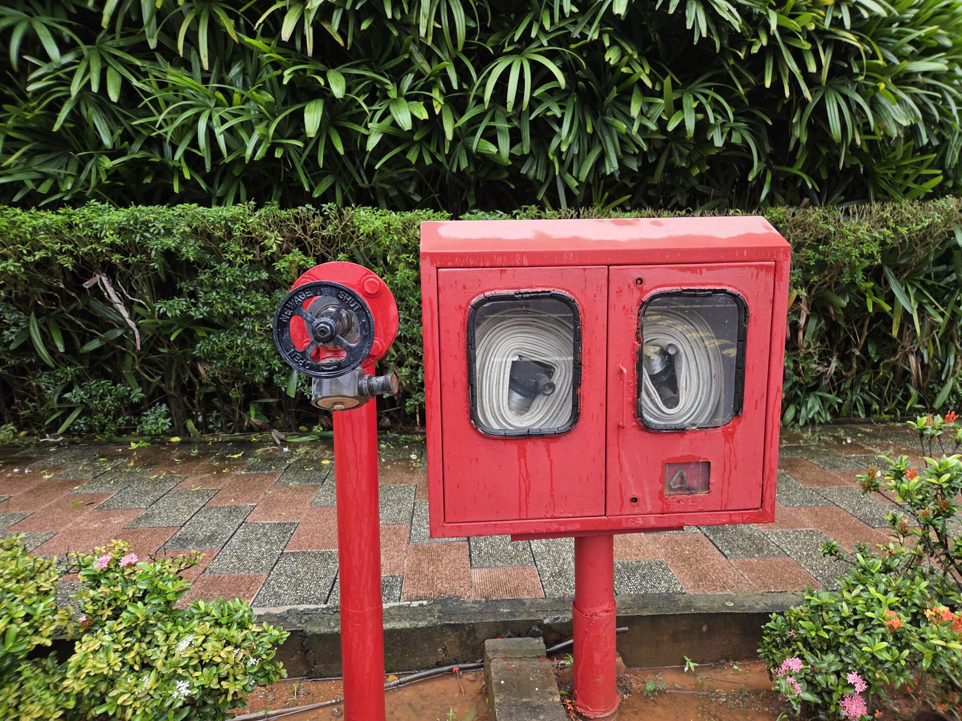 Outdoor fire hydrant and hose cabinet