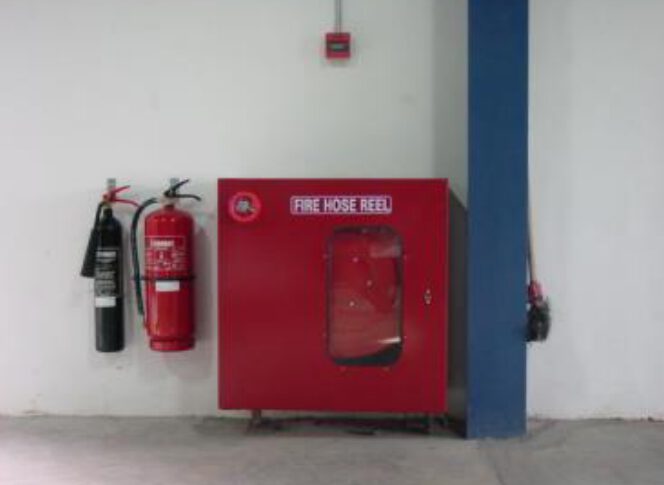 Hose reel cabinet and extinguishers