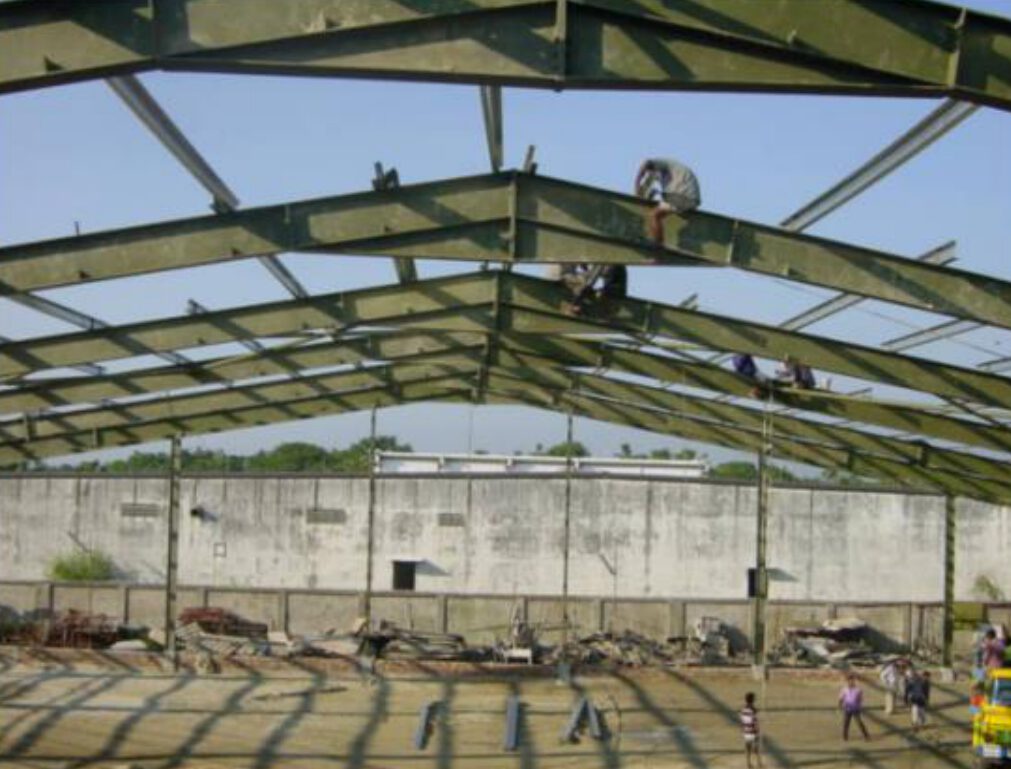 Steel roof trusses under construction
