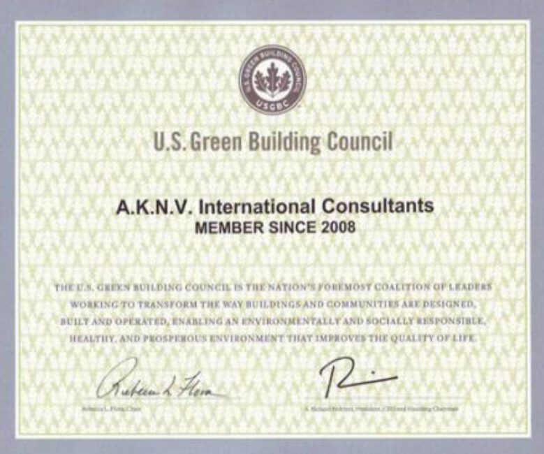 U.S. Green Building Council membership certificate for A.K.N.V. International Consultants, member since 2008